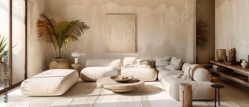 Serene living room in beige, designed with a minimalist approach and enhanced with natural lighting and minimal artwork,