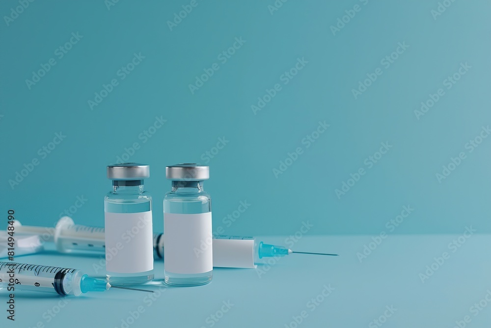 Syringe and glass vial on blue background table. Medical Vials group, needles, ampoules, bottle with medicines or vaccine. Disease treatment. Creative Banner. Anti-aging beauty injections. Vaccination Syringe and glass vial on blue background table. Medical Vials group, needles, ampoules, bottle with medicines or vaccine. Disease treatment. Creative Banner. Anti-aging beauty injections. Vaccination