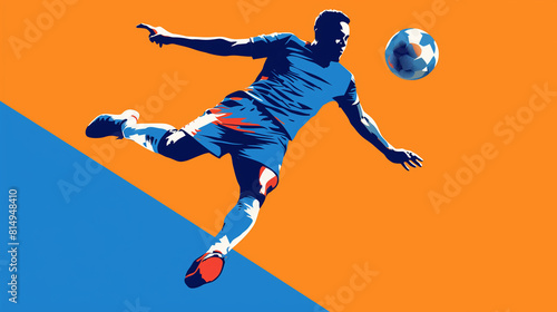 A stylized illustration of a European football player mid-kick, with a striking contrast of blue and orange. The player is captured in a powerful pose, emphasizing his athleticism and the fluid motion