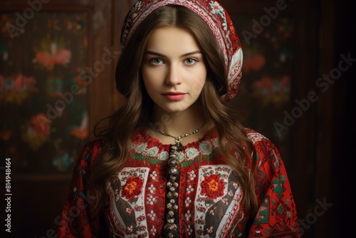 Portrait of a young woman adorned in colorful slavic traditional clothing with intricate patterns