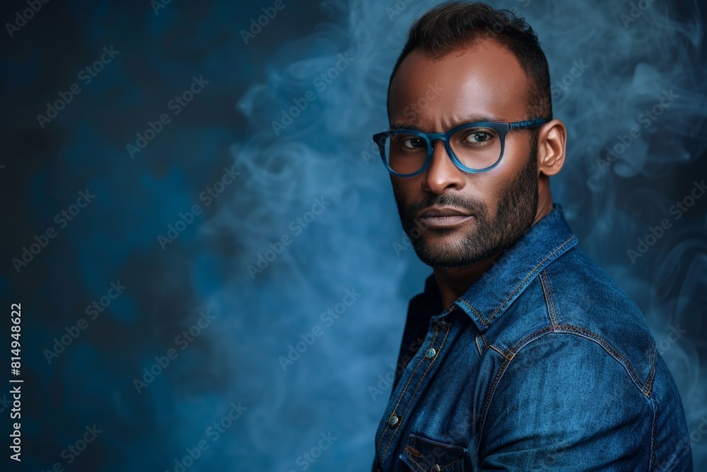 Stylish Modern Man with Blue Glasses Against a Smoky Dark Blue Background in Denim Attire Stylish Modern Man with Blue Glasses Against a Smoky Dark Blue Background in Denim Attire