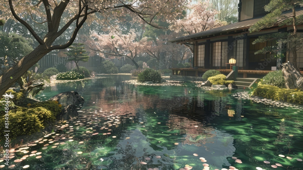 Naklejka premium Tranquil Japanese garden with ponds and cherry blossoms backdrop
