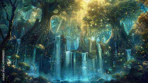 Fantastical forest with cascading falls and golden light backdrop