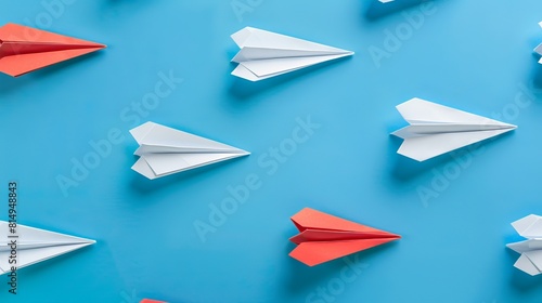 Paper planes fly in one direction while an individual points in a different way, representing new ideas and innovation in business.