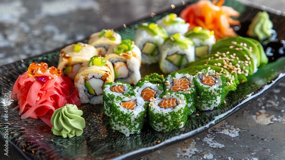 Artistic vegan sushi platter, avocado rolls, wasabi, birdseye view, minimalist style, soft studio lighting Artistic vegan sushi platter, avocado rolls, wasabi, birdseye view, minimalist style, soft studio lighting