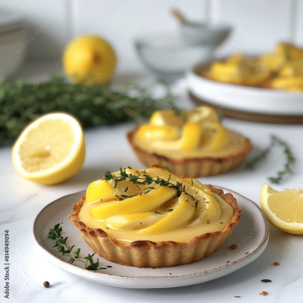 Homemade Lemon Thyme Tart on Elegant Table Setting Homemade Lemon Thyme Tart on Elegant Table Setting