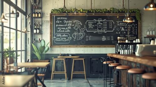 Inside a bustling cafe, a chalkboard frame mockup features daily specials and artistic doodles, adding character and a personal touch amidst the aroma of coffee