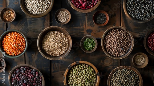 Artistic overhead shot of assorted legumes in rustic bowls, natural light photo