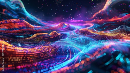 Virtual reality landscape with swirling neon colors and glitch effects backdrop