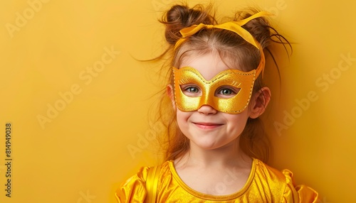 Close-up of girl wearing carnival mask. Girl wearing carnival mask in party celebration on a yellow background.