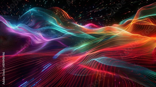 Swirling neon colors and glitch effects on a virtual reality landscape backdrop