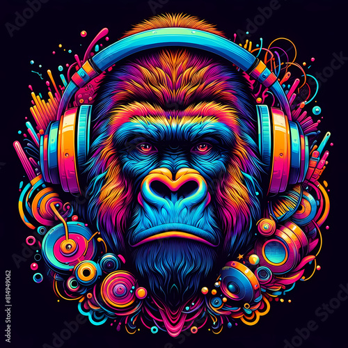 Digital art vibrant colorful gorilla with headphones listening to music