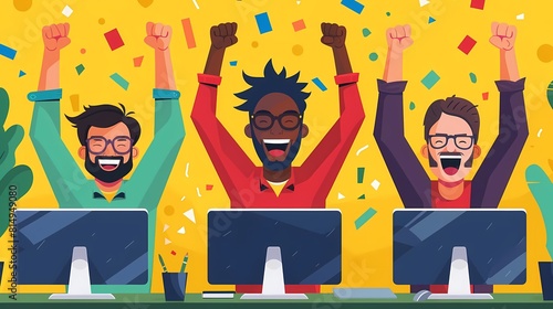 Three excited and diverse coworkers celebrate a work achievement while sitting at their office desks and raising their arms in triumph.