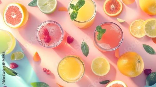 Assorted fresh juices, top view, soft pastel background, daylight