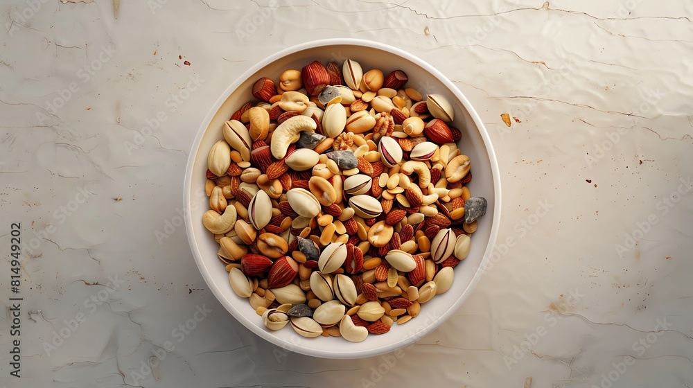 Bowl of mixed nuts and seeds, top view, diffused lighting