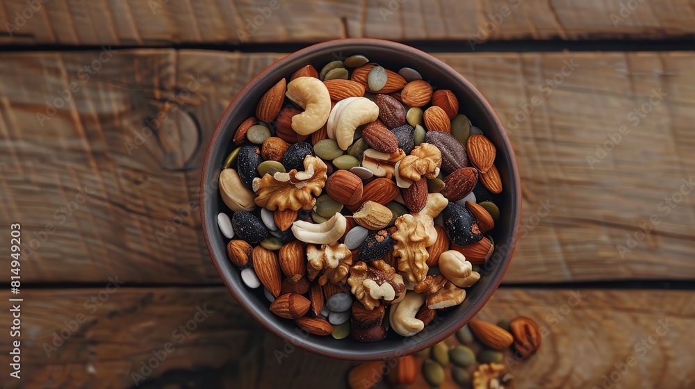 Bowl of mixed nuts and seeds, top view, diffused lighting Bowl of mixed nuts and seeds, top view, diffused lighting
