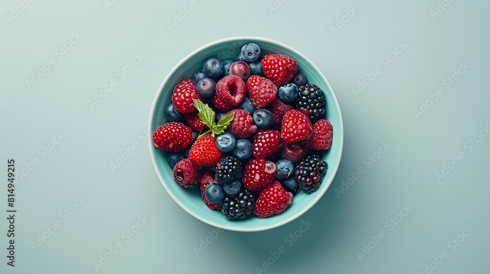Bright, vibrant bowl of mixed berries, overhead shot, clean and minimalist style Bright, vibrant bowl of mixed berries, overhead shot, clean and minimalist style