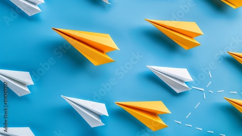 Paper planes fly in one direction while an individual points in a different way  representing new ideas and innovation in business.