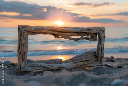 On a quiet beach at sunset, a driftwood frame mockup holds peaceful seascapes, aligning with the rhythm of the waves and the calming ocean breeze photo
