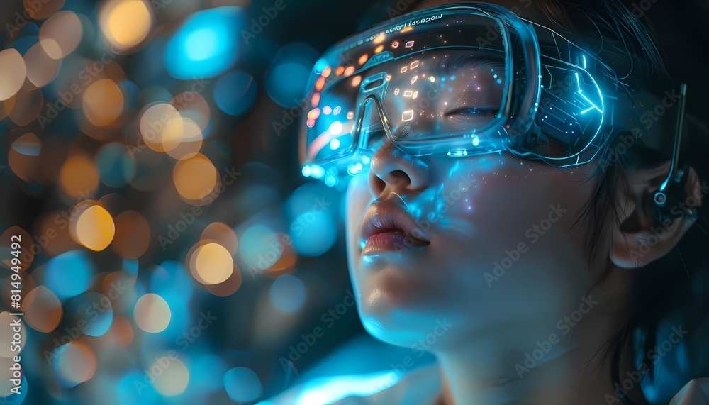 Enhance the beauty and appeal of this woman wearing virtual reality glasses by adding more realistic details and features Enhance the beauty and appeal of this woman wearing virtual reality glasses by adding more realistic details and features