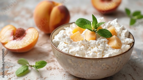 Cottage cheese with sliced peaches, high angle, bright, airy light photo