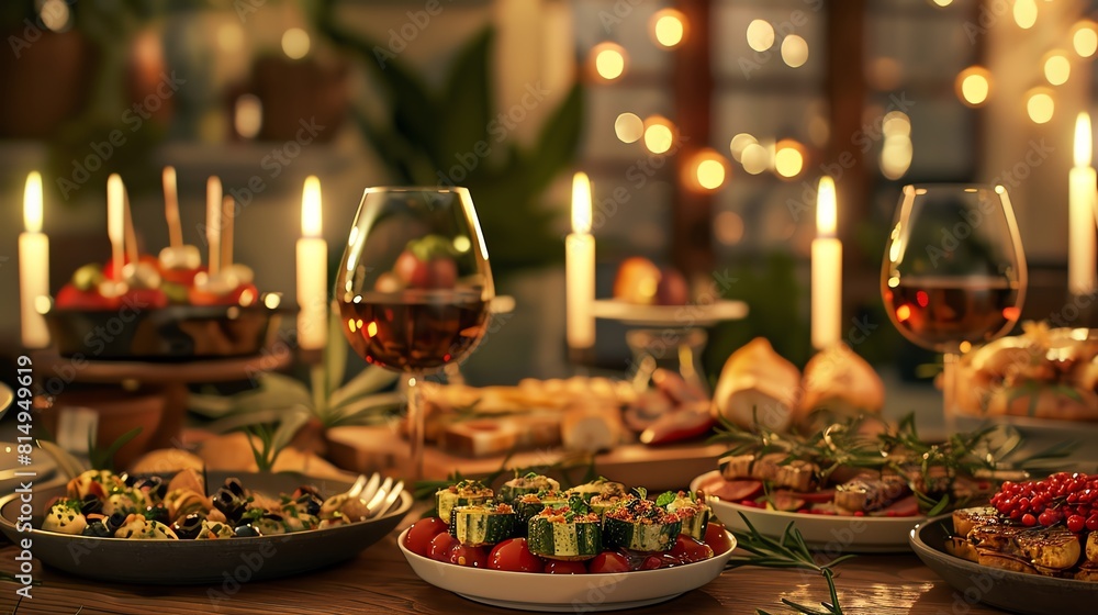 Elegant vegetarian tapas, array of small plates, candlelight, soft focus background