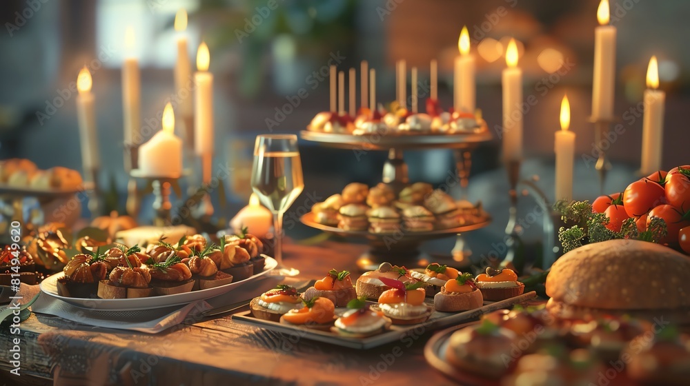 Elegant vegetarian tapas, array of small plates, candlelight, soft focus background Elegant vegetarian tapas, array of small plates, candlelight, soft focus background