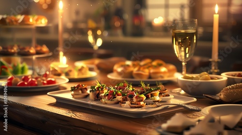 Elegant vegetarian tapas  array of small plates  candlelight  soft focus background
