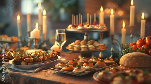Elegant vegetarian tapas  array of small plates  candlelight  soft focus background