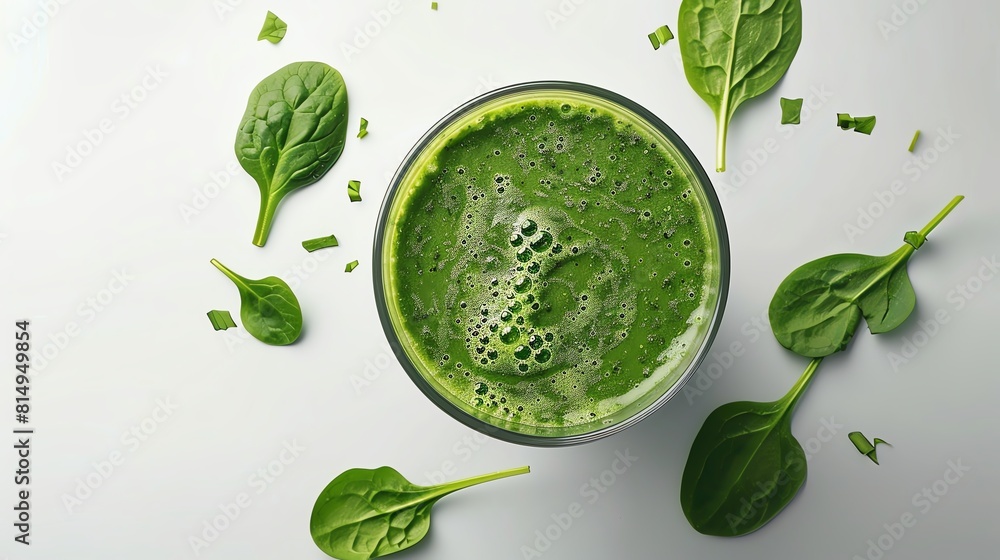 Obraz premium Green detox smoothie, fresh spinach on side, high angle, clean look