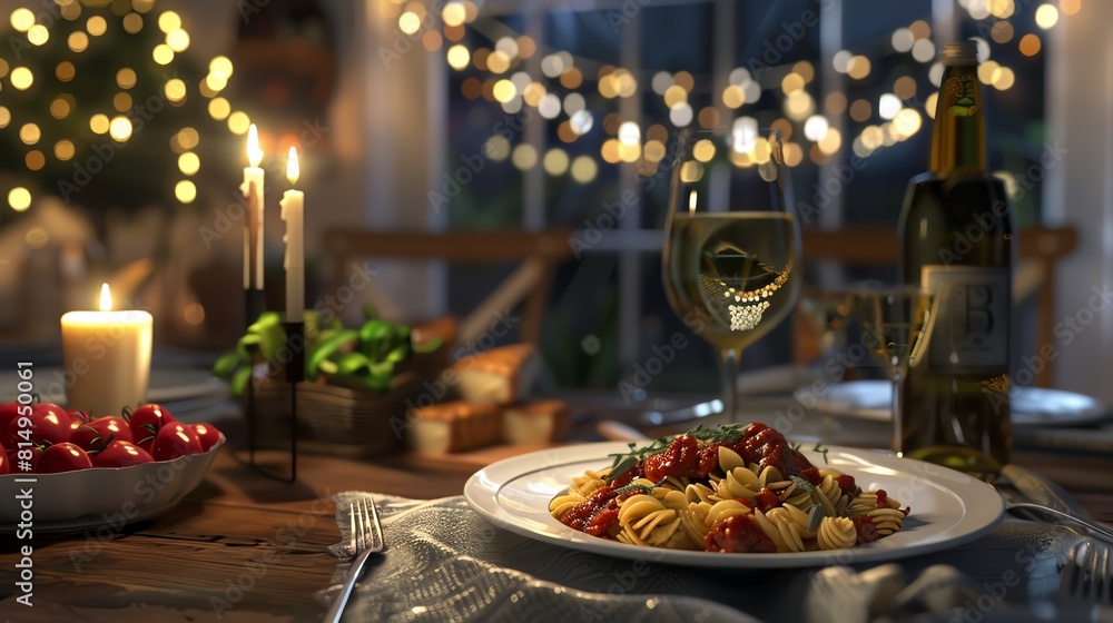 Herbinfused vegetarian pasta, cozy dinner setting, focused lighting, side shot Herbinfused vegetarian pasta, cozy dinner setting, focused lighting, side shot