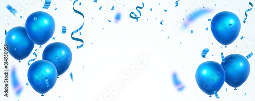 Blue balloons with sparkles and flying confetti isolated on transparent background. Grand opening card luxury greeting rich. Sale Vector illustration frame template