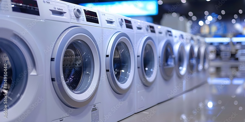 A row of washing machines on the floor in a laundry room. Concept Laundry Room, Washing Machines, Household Appliances, Interior Design A row of washing machines on the floor in a laundry room. Concept Laundry Room, Washing Machines, Household Appliances, Interior Design