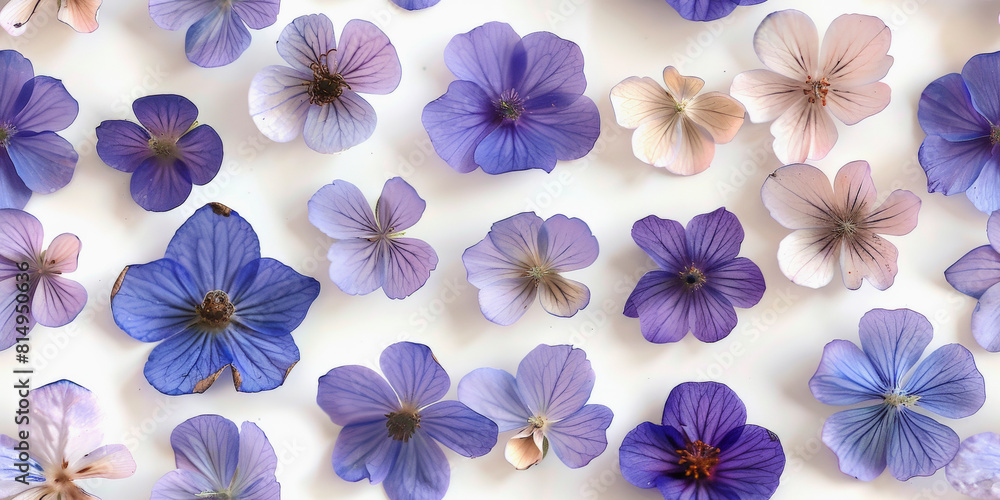 An assortment of delicate purple and white pansy flowers spread out against a soft, light background, showcasing their natural beauty and subtle color variations. An assortment of delicate purple and white pansy flowers spread out against a soft, light background, showcasing their natural beauty and subtle color variations.