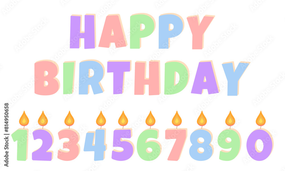Fototapeta premium Set of colored burning candles for a birthday cake. Text happy birthday 3D. Inscription, element for a greeting card in pastel colors.