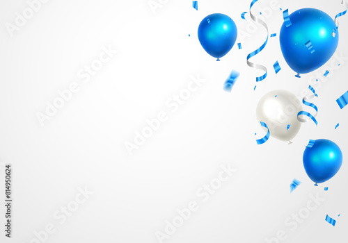 Blue and white balloons, confetti, ribbon vector illustration