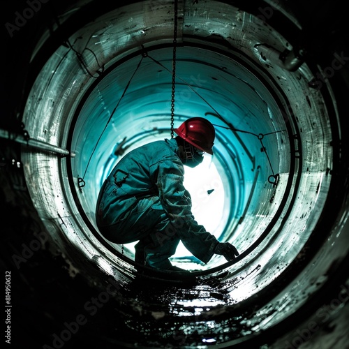 In the dimly lit space of a manhole, a construction worker in safety gear conducts a thorough inspection of the industrial equipment, ensuring it is safe for use