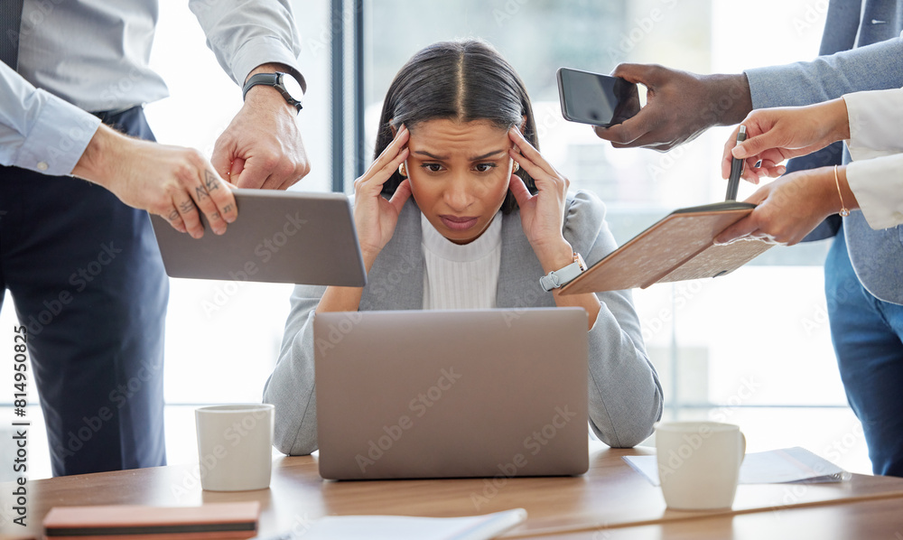 Αυτοκόλλητο Multitasking, stress and woman overwhelmed in office with headache, burnout or accountant on audit