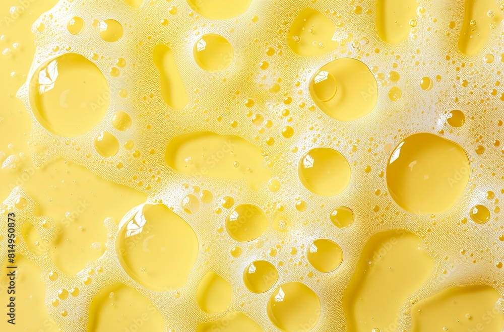 Soap foam with bubbles and water drops on a yellow surface. Soap foam with bright bubbles and a touch of freshness and dynamism on a yellow background. Soap foam with bubbles and water drops on a yellow surface. Soap foam with bright bubbles and a touch of freshness and dynamism on a yellow background.