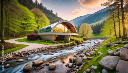 Beautiful cozy fantasy reinforced concrete cottage with a glass roof in a spring forest next to a paved path and a gurgling stream. Stone wall. Mountains in the distance