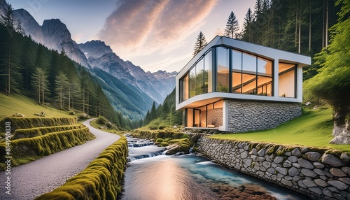 Beautiful cozy fantasy reinforced concrete cottage with a glass roof in a spring forest next to a paved path and a gurgling stream. Stone wall. Mountains in the distance photo