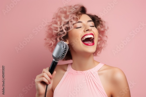 Portrait of a joyful woman in her 30s dancing and singing song in microphone in pastel pink background