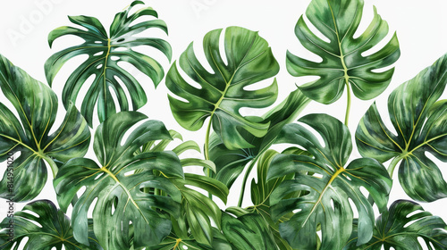 Wallpaper or fabric design featuring a dense pattern of green monstera deliciosa leaves with a high level of detail against a white background.