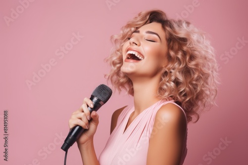 Portrait of a joyful woman in her 30s dancing and singing song in microphone in front of pastel pink background