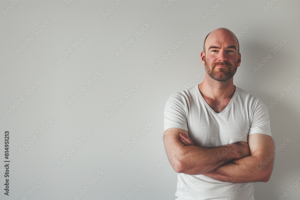 Bald Male Model in White Shirt. Generative AI. Bald Male Model in White Shirt. Generative AI.