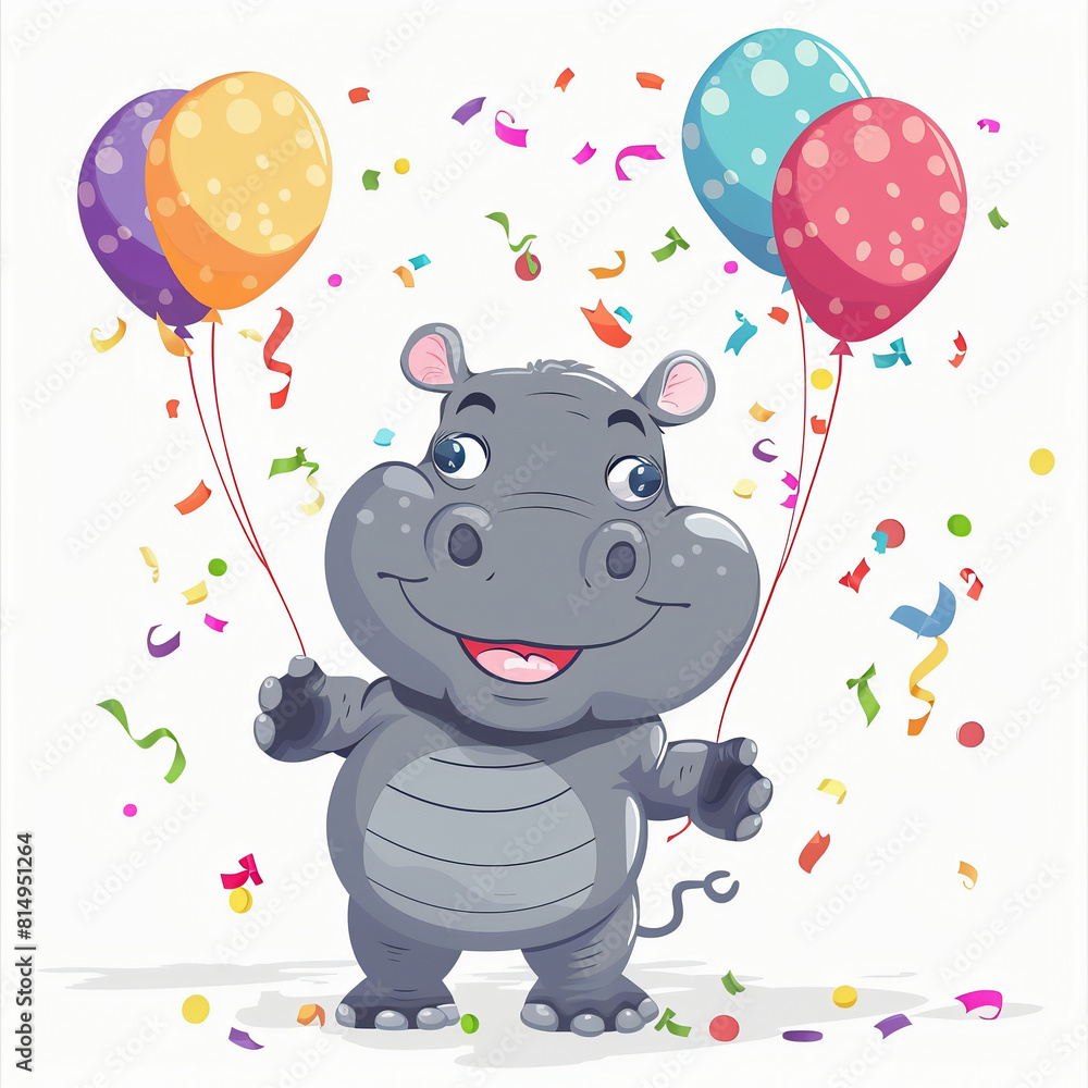 Obraz premium Cute hippo with balloons and confetti. Vector illustration.