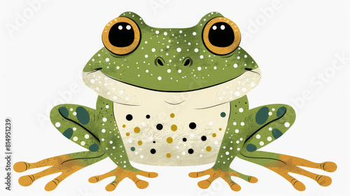 Illustration of a cute  spotted green frog with large eyes and a friendly expression  sitting facing the viewer on a plain background.