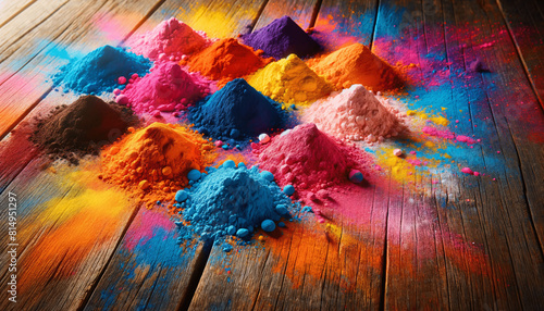 A vibrant and colorful scene featuring piles of colored powder arranged on a wooden surface
