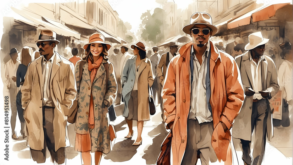 Illustration of fashionable men and women strolling in a bustling cityscape with a vintage feel