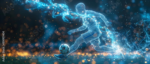 half Human half Artificial Intelligence playing soccer athlete in a soccer uniform shooting a soccer ball in the air, advertising banner photo